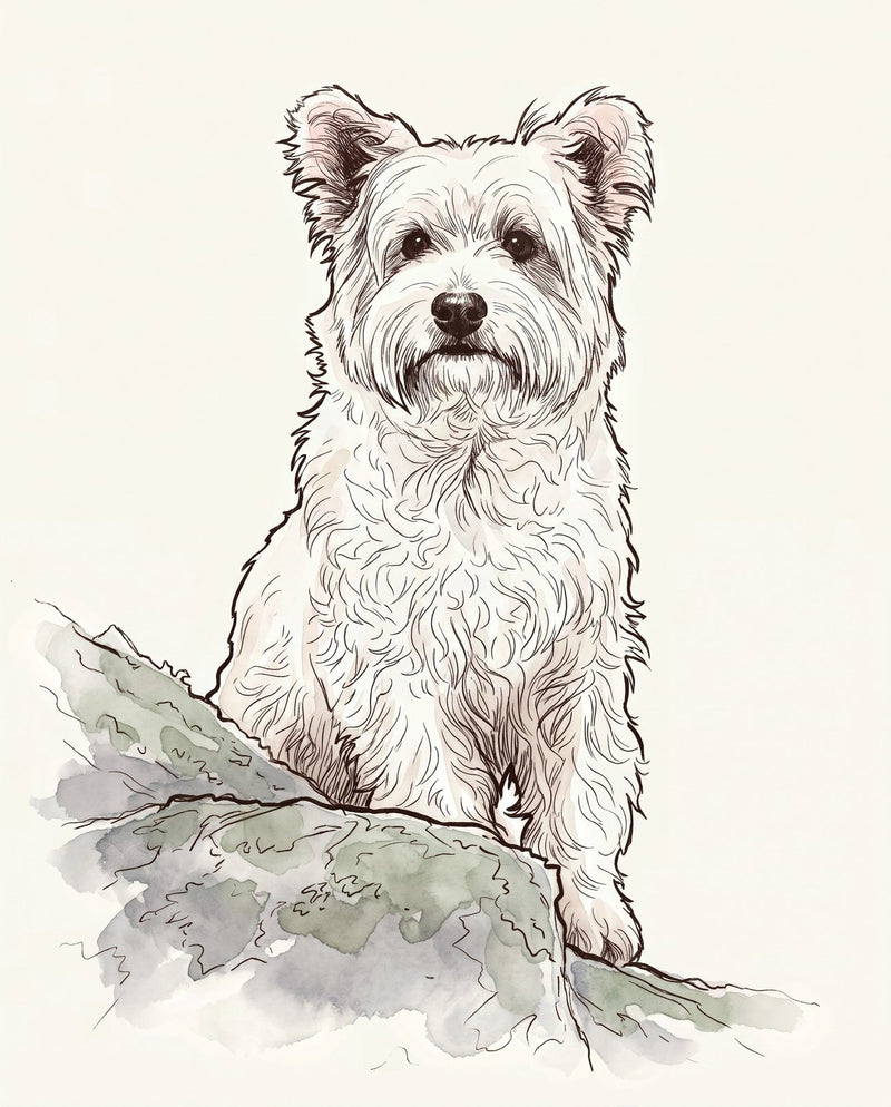 Example Custom Art print: a watercolor of a small white terrier sitting on a mossy rock, made from my photo.