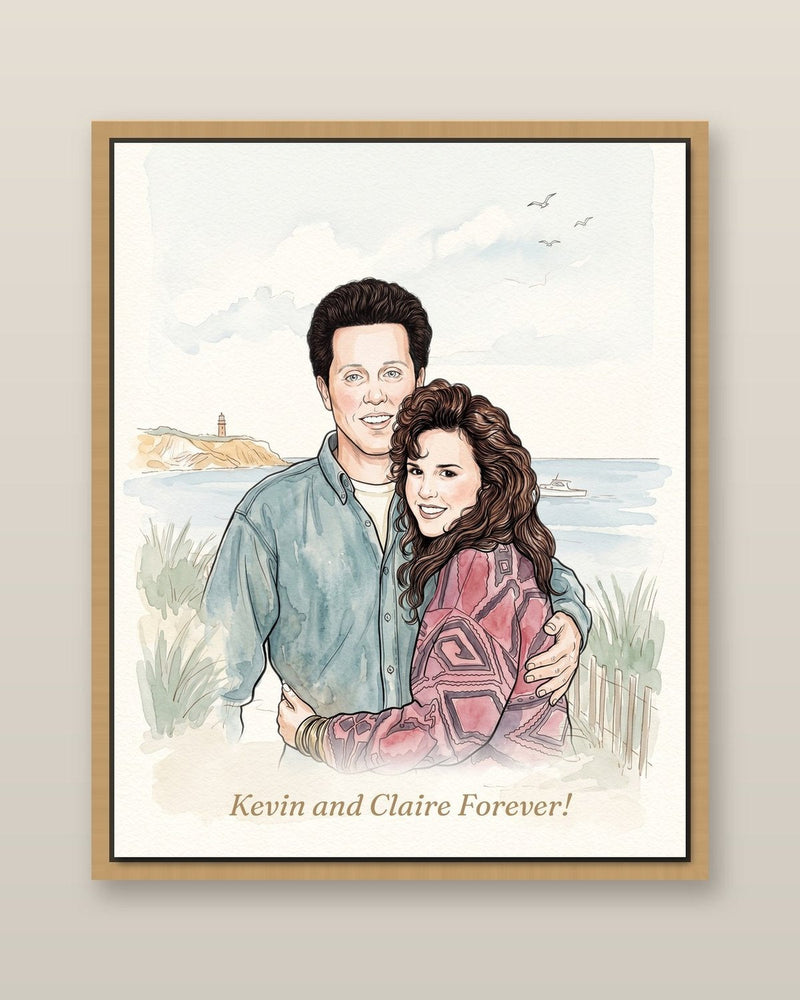 Custom Art watercolor of a couple in an oak floating frame