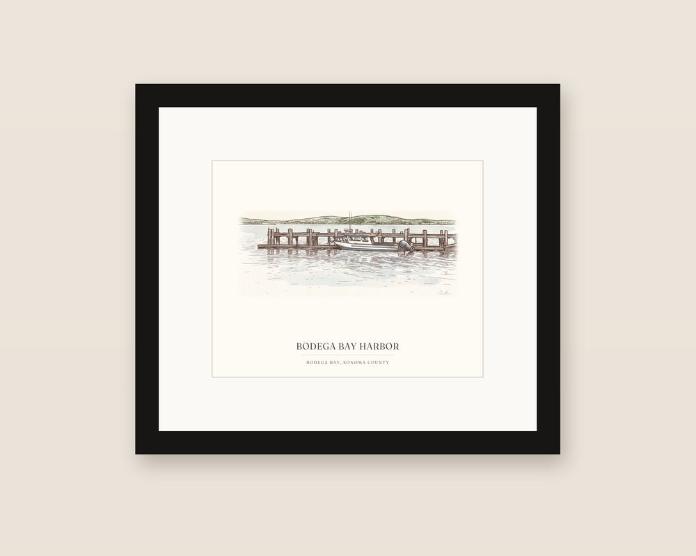 Framed watercolor of Bodega Bay harbor