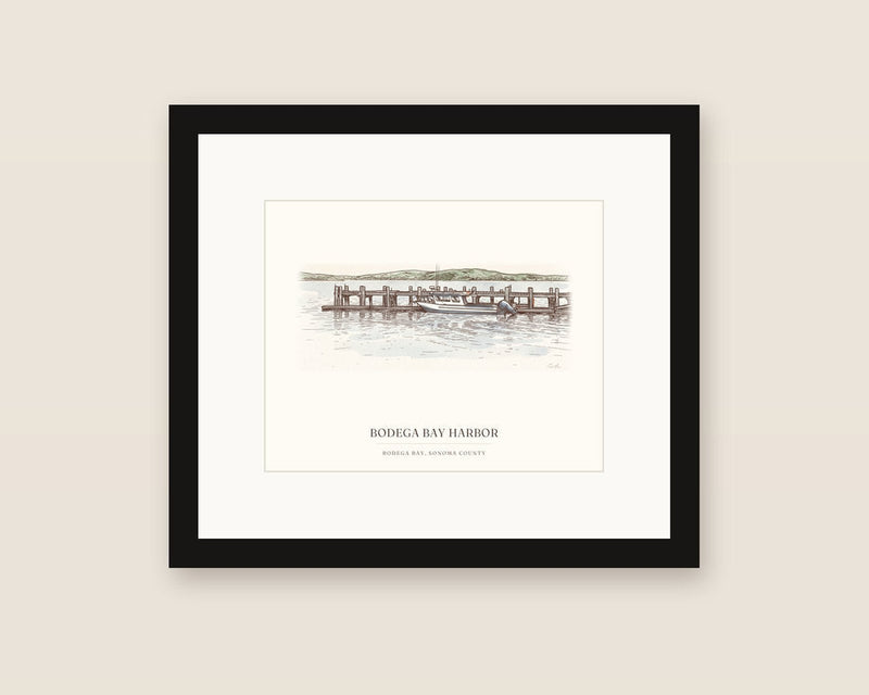 Framed watercolor of Bodega Bay harbor
