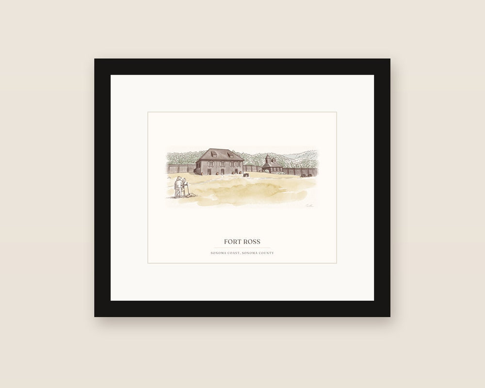 Framed watercolor of Fort Ross