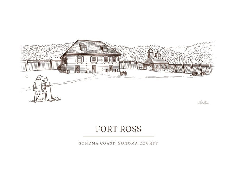 Ink drawing print of Fort Ross on the Sonoma Coast