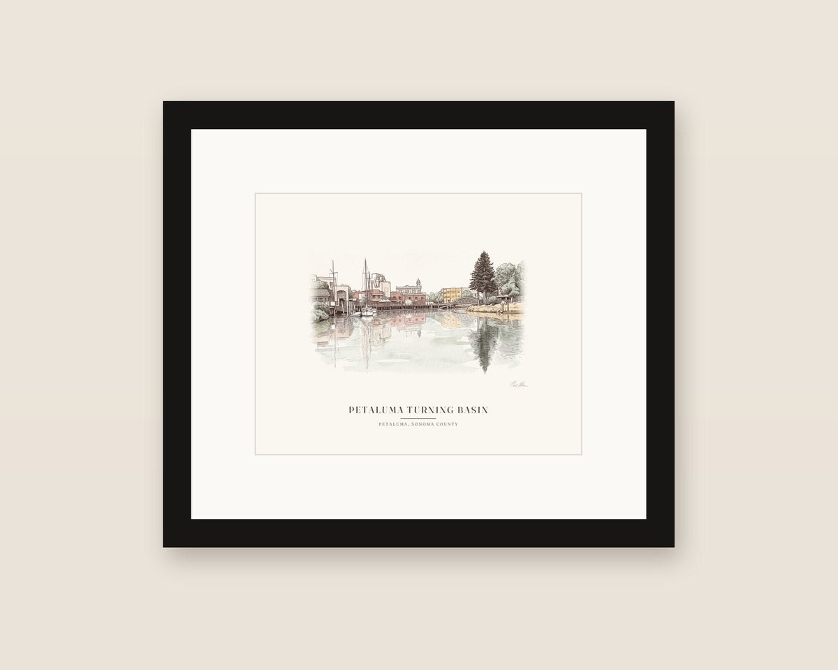 Petaluma Turning Basin watercolor in a black frame with a white mat