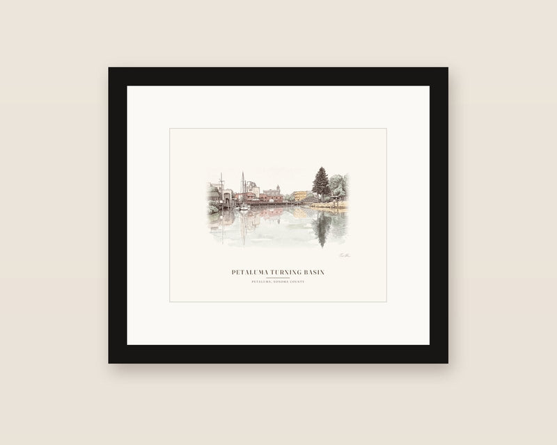 Petaluma Turning Basin watercolor in a black frame with a white mat