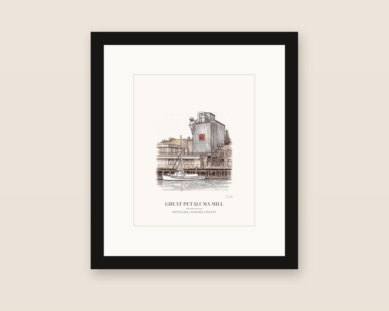 Framed watercolor of the Great Petaluma Mill in Petaluma