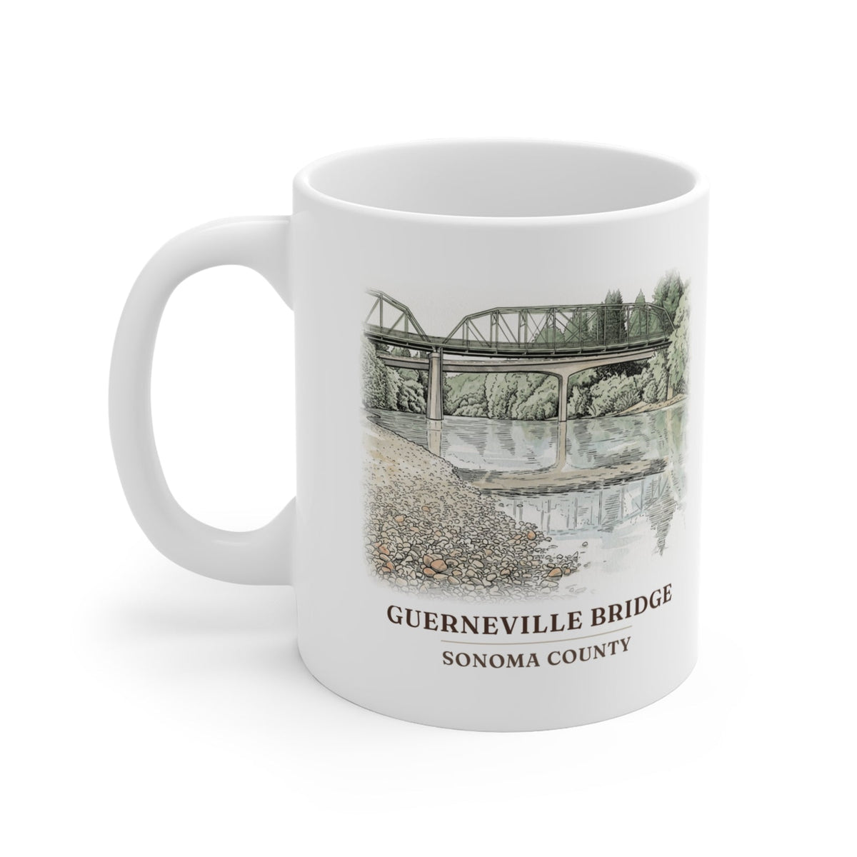 Guerneville Bridge watercolor mug with the place name and Sonoma County under the picture