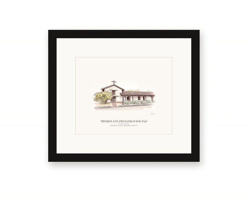 Framed watercolor print of Mission San Francisco Solano in Sonoma, with a white mat in a black frame