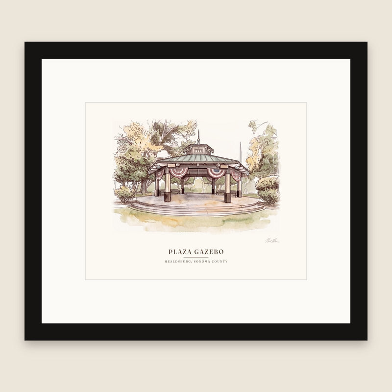 Framed watercolor of the Healdsburg Plaza gazebo, Sonoma County