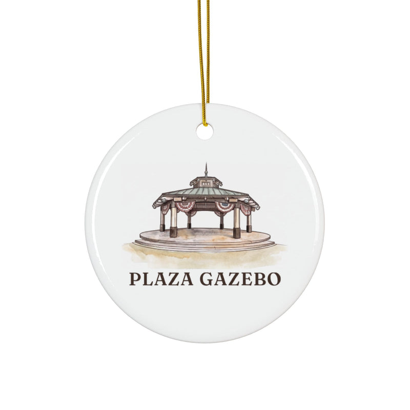 Round ceramic ornament with the Healdsburg Plaza gazebo in watercolor and the place name