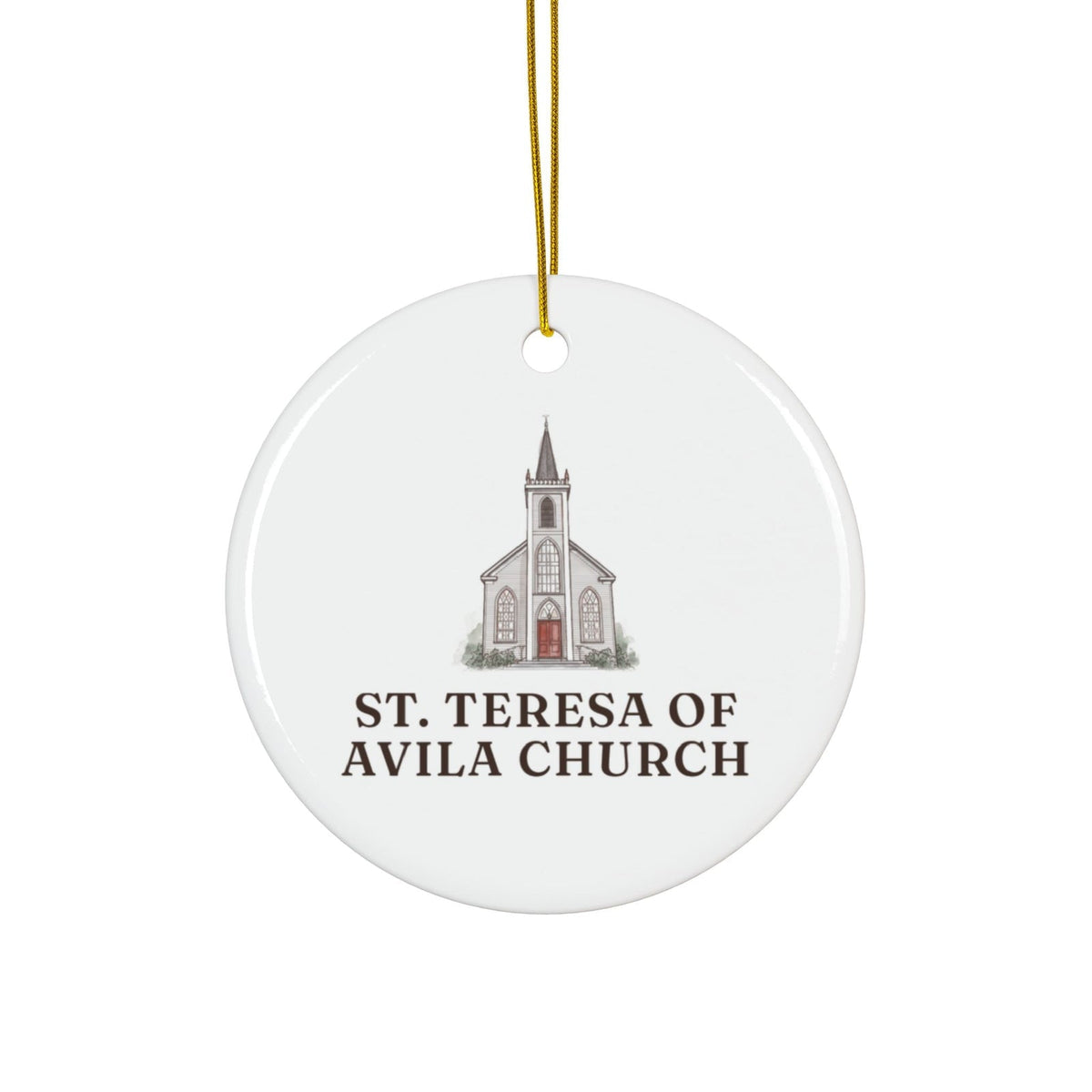Round ceramic ornament with St. Teresa of Avila Church in watercolor and the place name
