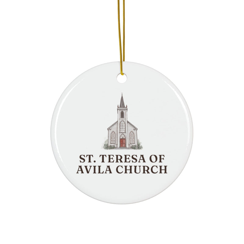 Round ceramic ornament with St. Teresa of Avila Church in watercolor and the place name