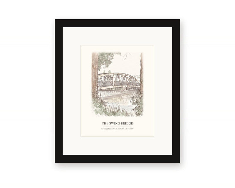 Framed watercolor of the Petaluma swing bridge