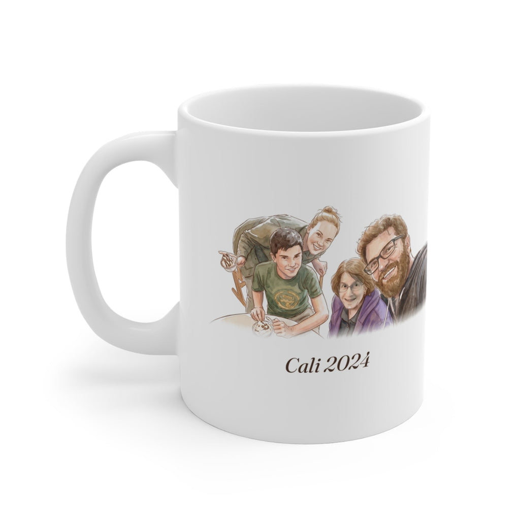 Example Custom Art mug: a watercolor of Kam at a Bodega Bay picnic table, made from a family photo and shared with permission.