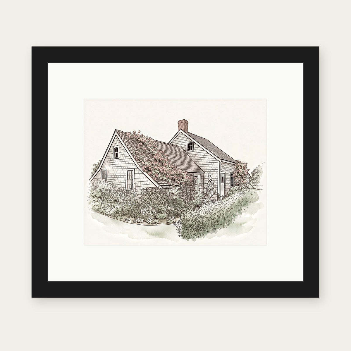 Example Custom Art framed print: a watercolor of a shingled cottage covered in climbing roses, in a black frame with a white mat, made from my photo. Frame shown as a mockup.