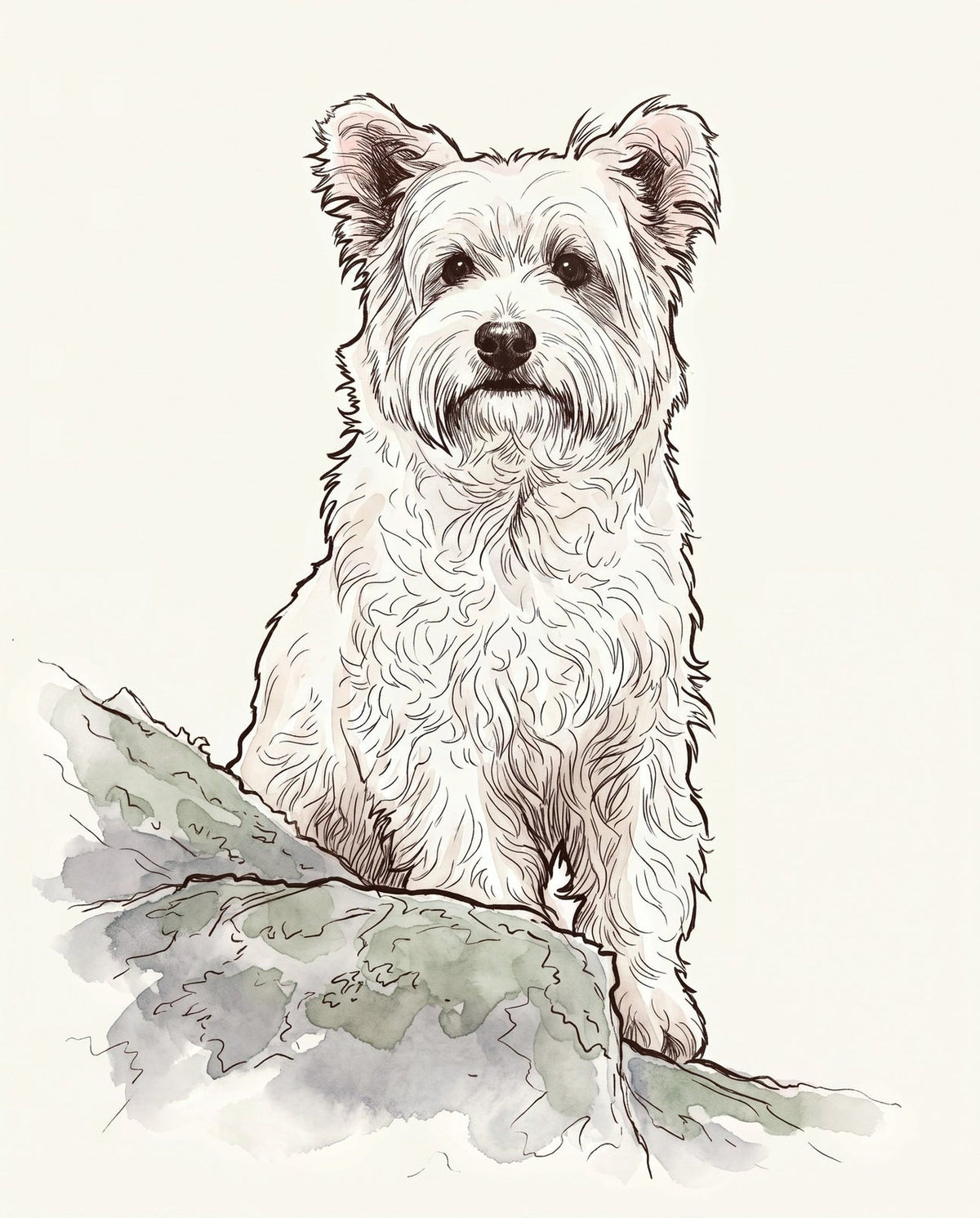 Example Custom Art print: a watercolor of a small white terrier sitting on a mossy rock, made from my photo.