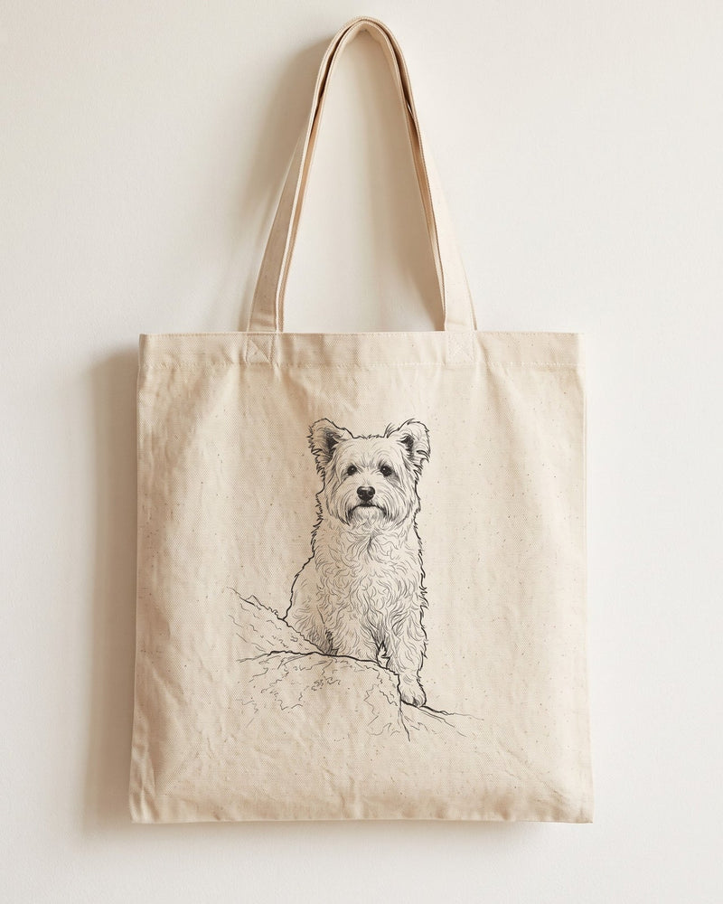 Example Custom Art tote: a line drawing of a small white terrier on a natural cotton tote, made from my photo. Tote shown as a mockup.