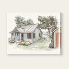 Example Custom Art canvas: a watercolor of a blue-gray cottage beside a pond in the woods on gallery-wrapped canvas, made from my photo. Canvas shown as a mockup.