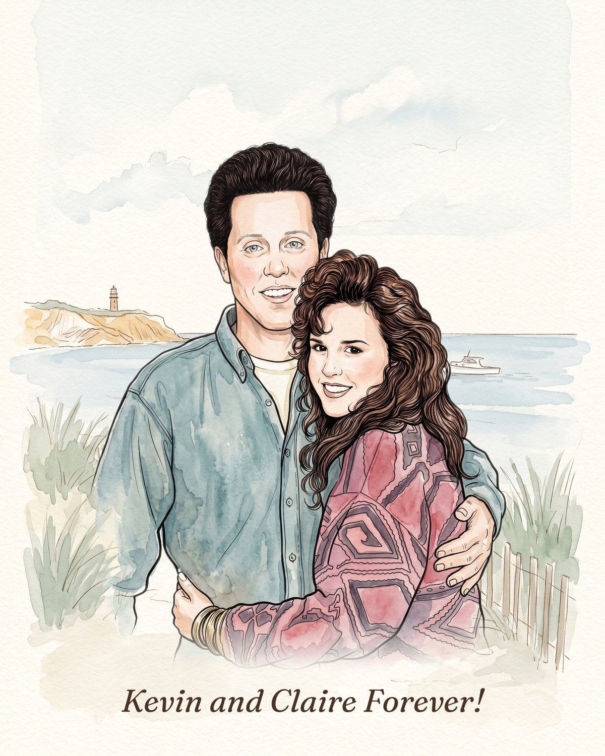 A finished custom watercolor of Kevin and Claire on the Martha's Vineyard shore, made from their photo