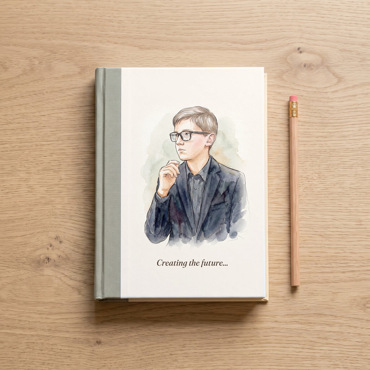 Watercolor portrait on a hardcover journal cover, an example of SCG custom art made from a family photo. Journal shown as a mockup.