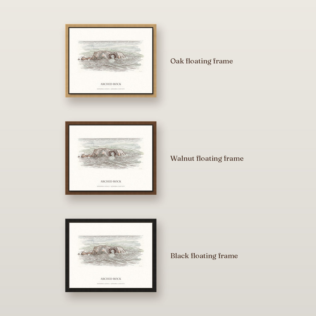 The three floating frame options for the Arched Rock canvas: oak, walnut and black