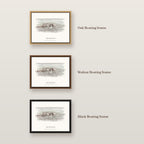 The three floating frame options for the Arched Rock canvas: oak, walnut and black