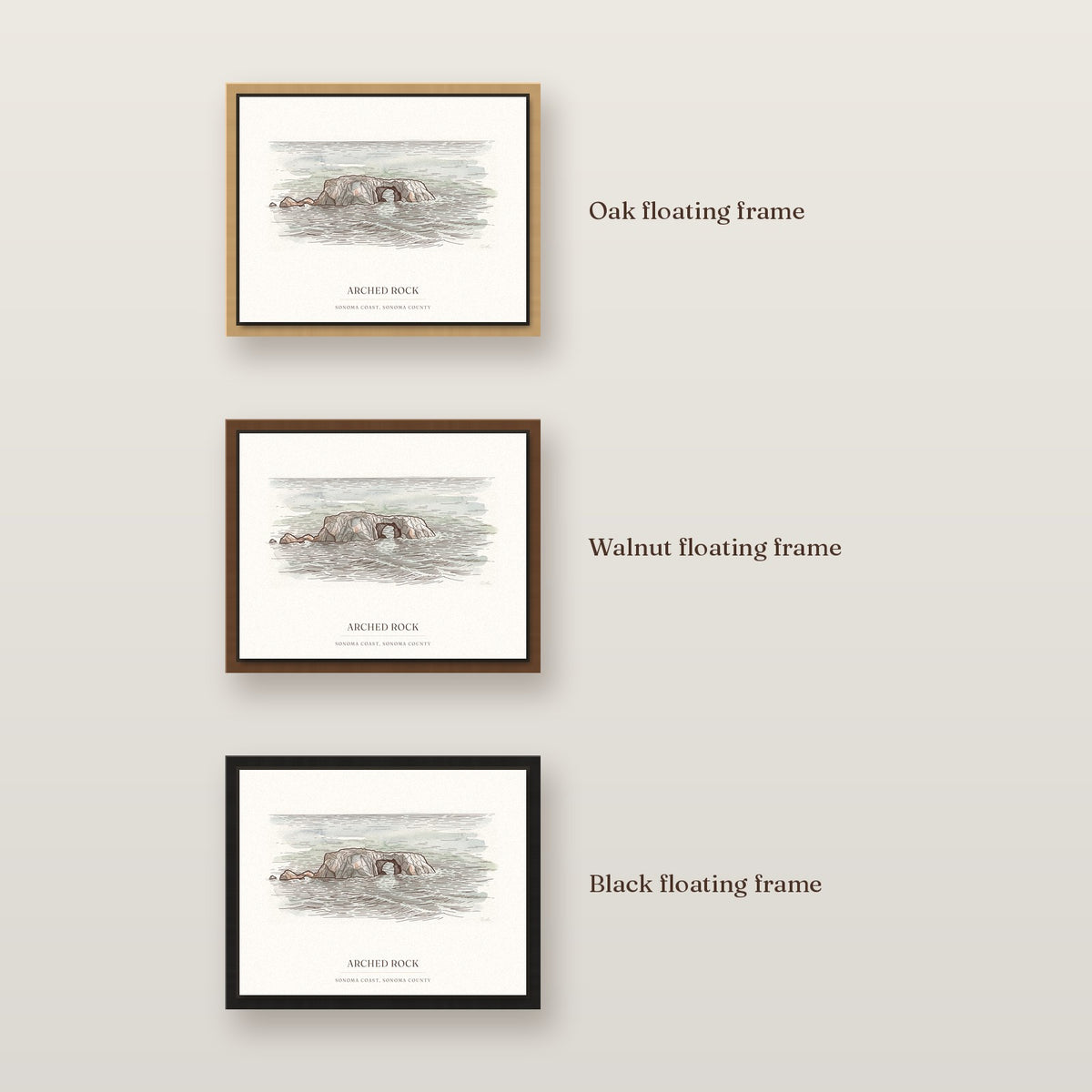 The three floating frame options for the Arched Rock canvas: oak, walnut and black