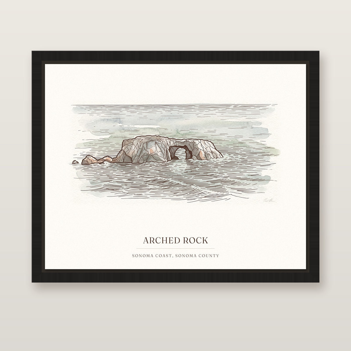 Arched Rock watercolor canvas in a black floating frame hanging on a light wall