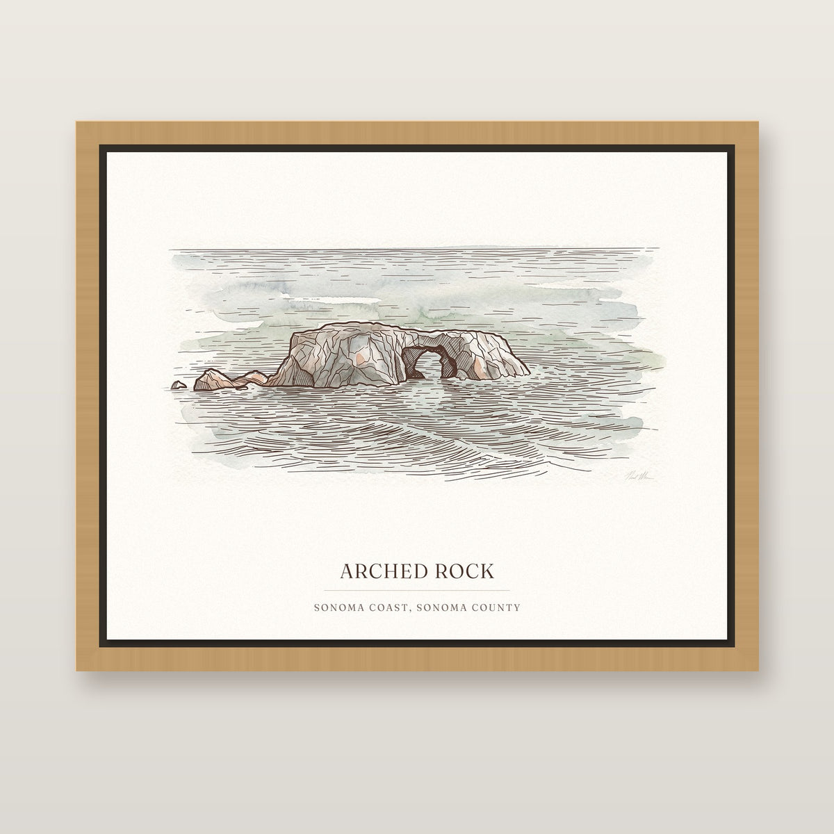 Arched Rock watercolor canvas in an oak floating frame hanging on a light wall