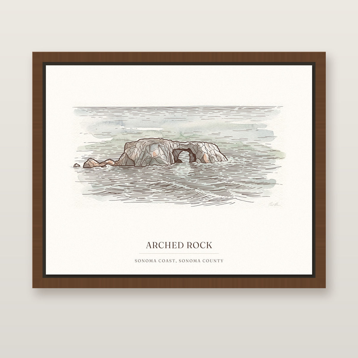 Arched Rock watercolor canvas in a walnut floating frame hanging on a light wall