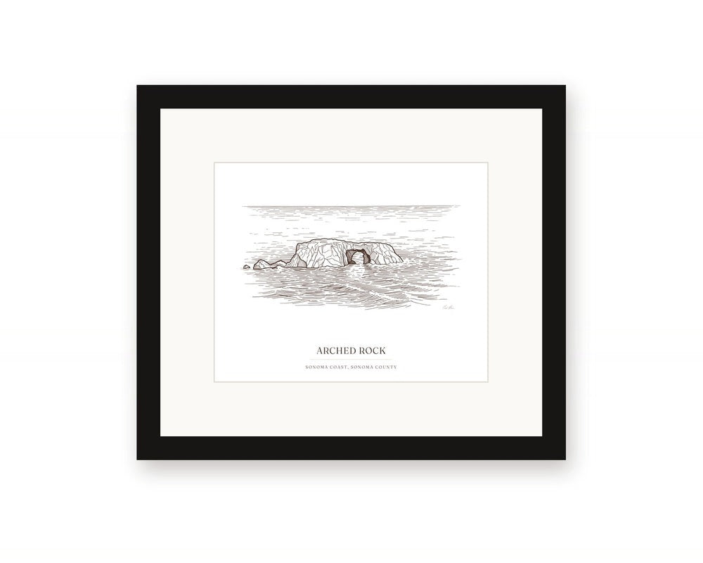 Framed ink drawing print of Arched Rock on the Sonoma Coast, with a white mat in a black frame