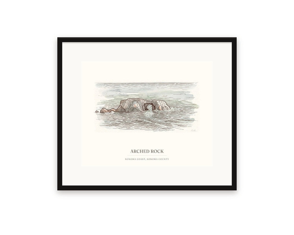 Arched Rock watercolor print, 20 x 16 in, in a black frame with a wide white mat