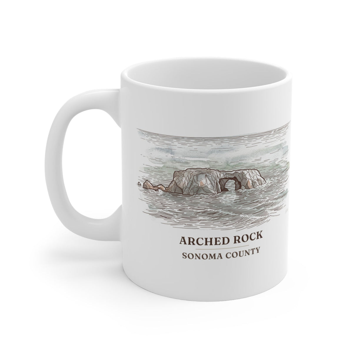 Arched Rock watercolor mug, 11 oz, with the place name and Sonoma County under the picture