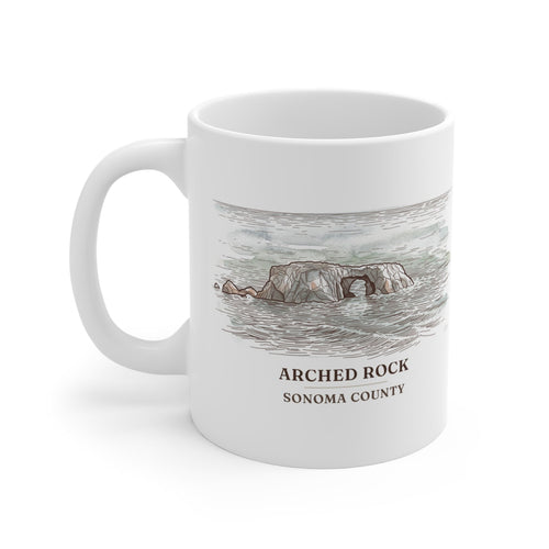 Arched Rock watercolor mug, 11 oz, with the place name and Sonoma County under the picture