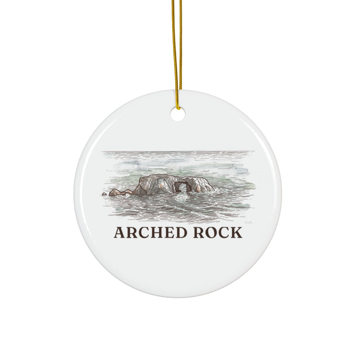 Round ceramic ornament with Arched Rock in watercolor and the place name