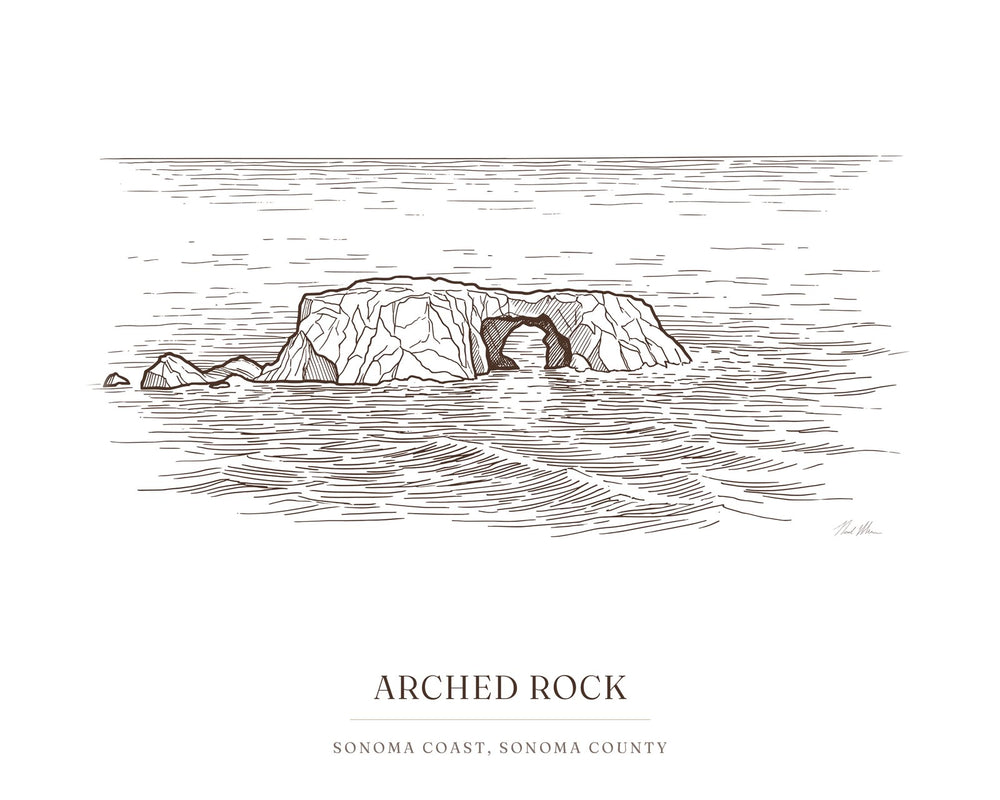 Ink drawing print of Arched Rock on the Sonoma Coast, Sonoma County, in brown ink with the place name below
