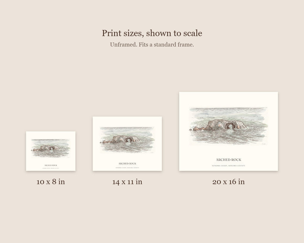 Size guide comparing the 10 x 8, 14 x 11 and 20 x 16 watercolor prints of Arched Rock to scale