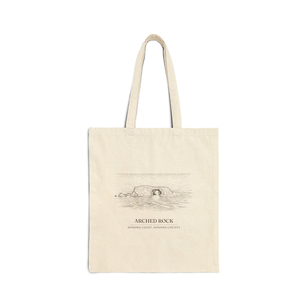 Natural cotton canvas tote bag with an ink drawing of Arched Rock off the Sonoma Coast