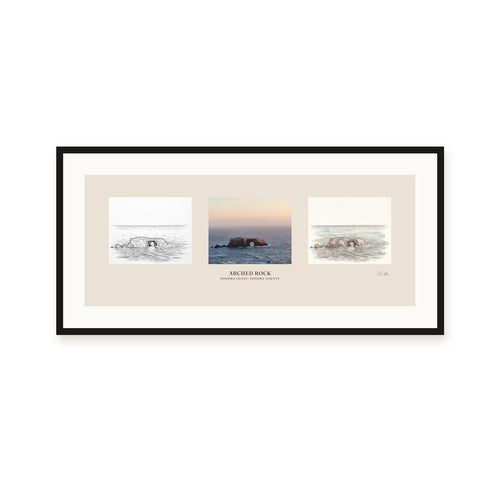Arched Rock framed print with the ink drawing, the photograph in the middle and the watercolor on a warm paper field, the place name below, in a black frame with a white mat