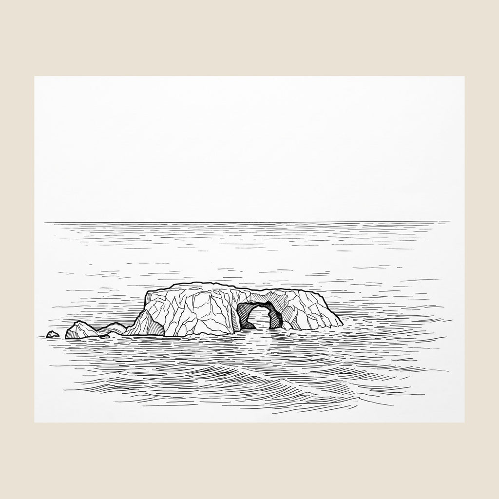 Left panel of the Arched Rock framed set: the ink line drawing of the sea stack and its arch, shown large
