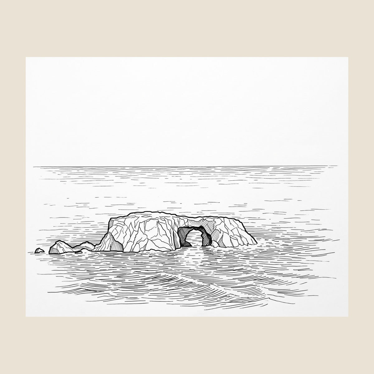 Left panel of the Arched Rock framed set: the ink line drawing of the sea stack and its arch, shown large