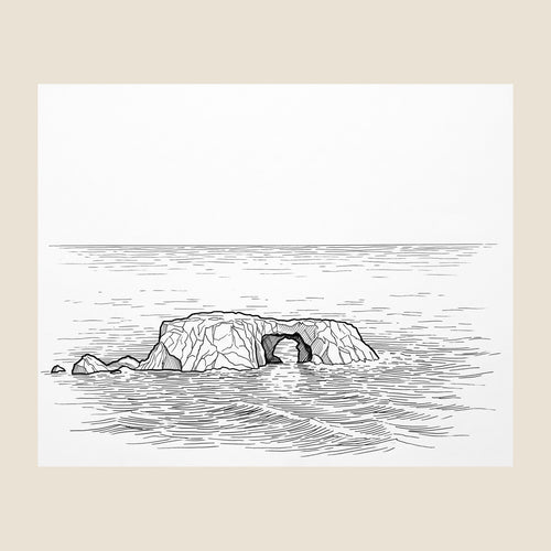 Left panel of the Arched Rock framed set: the ink line drawing of the sea stack and its arch, shown large