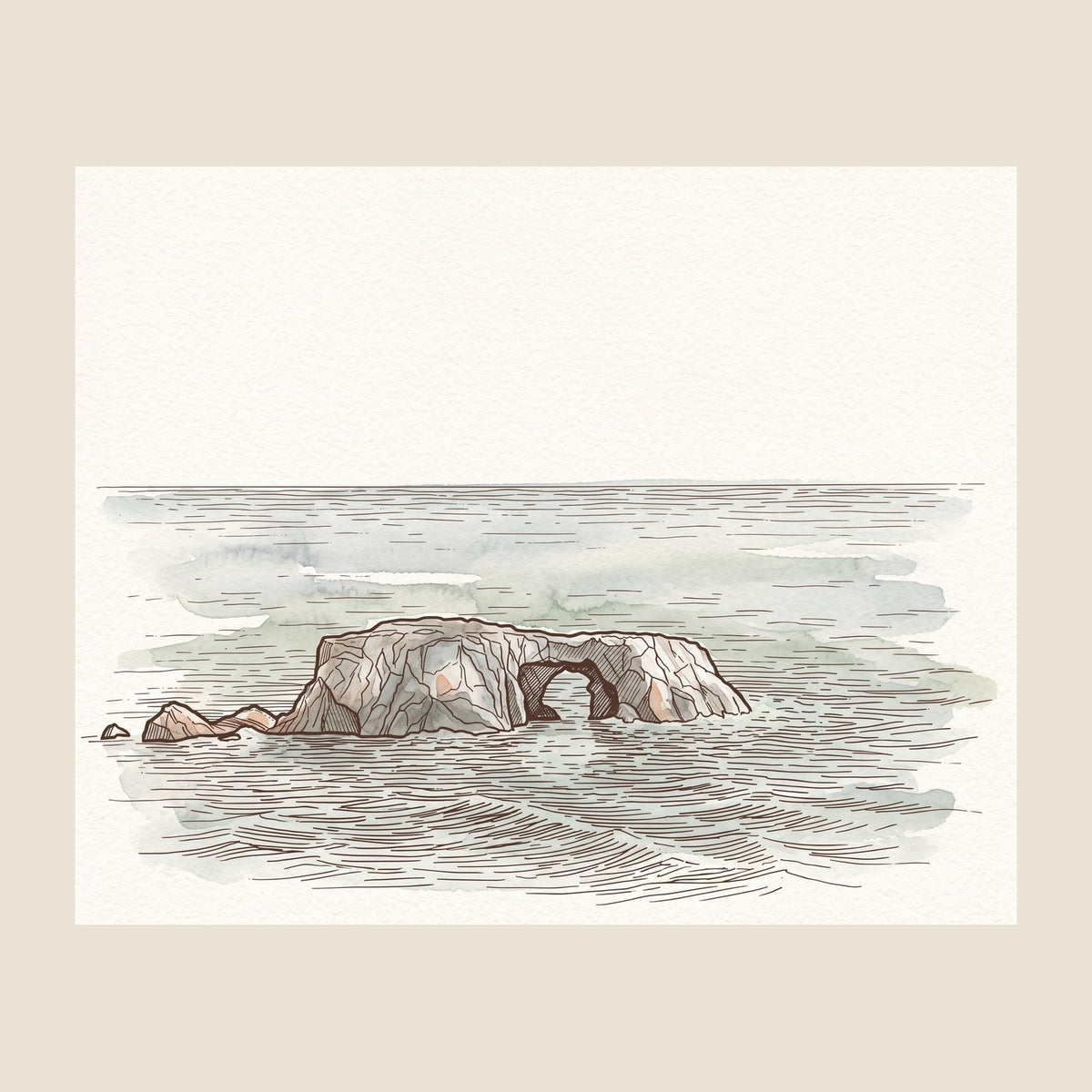 Right panel of the Arched Rock framed set: the watercolor of Arched Rock in soft sea greens and warm stone, shown large