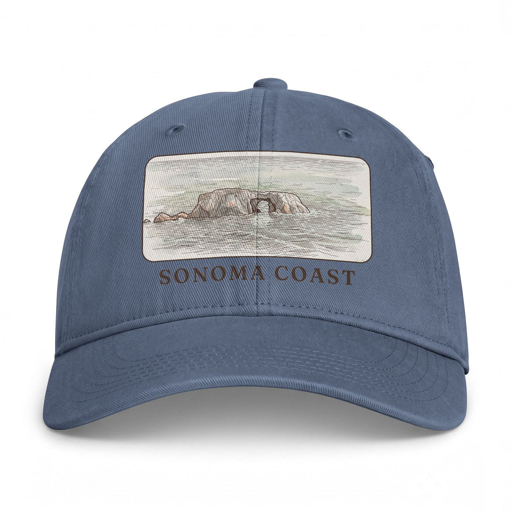 Blue Jean washed cap with the Arched Rock watercolor panel and SONOMA COAST