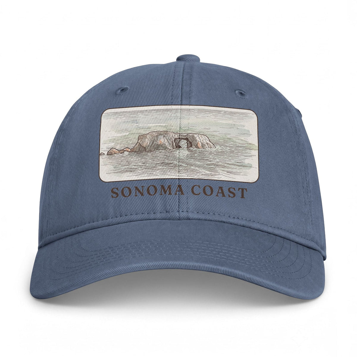 Blue Jean washed cap with the Arched Rock watercolor panel and SONOMA COAST