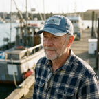 Older man wearing the Blue Jean Arched Rock washed cap on a fishing dock at Bodega Bay