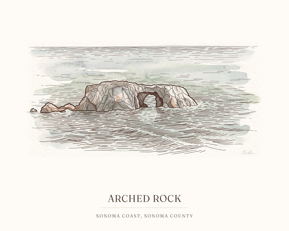 Watercolor art print of Arched Rock on the Sonoma Coast, with the place name below