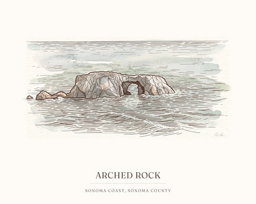 Watercolor art print of Arched Rock on the Sonoma Coast, with the place name below