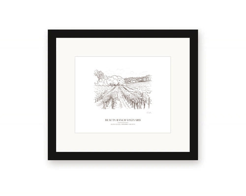 Framed line drawing print of the vineyard rows on Jack London's Beauty Ranch in Glen Ellen, with an open aisle between the vines, with a white mat in a black frame