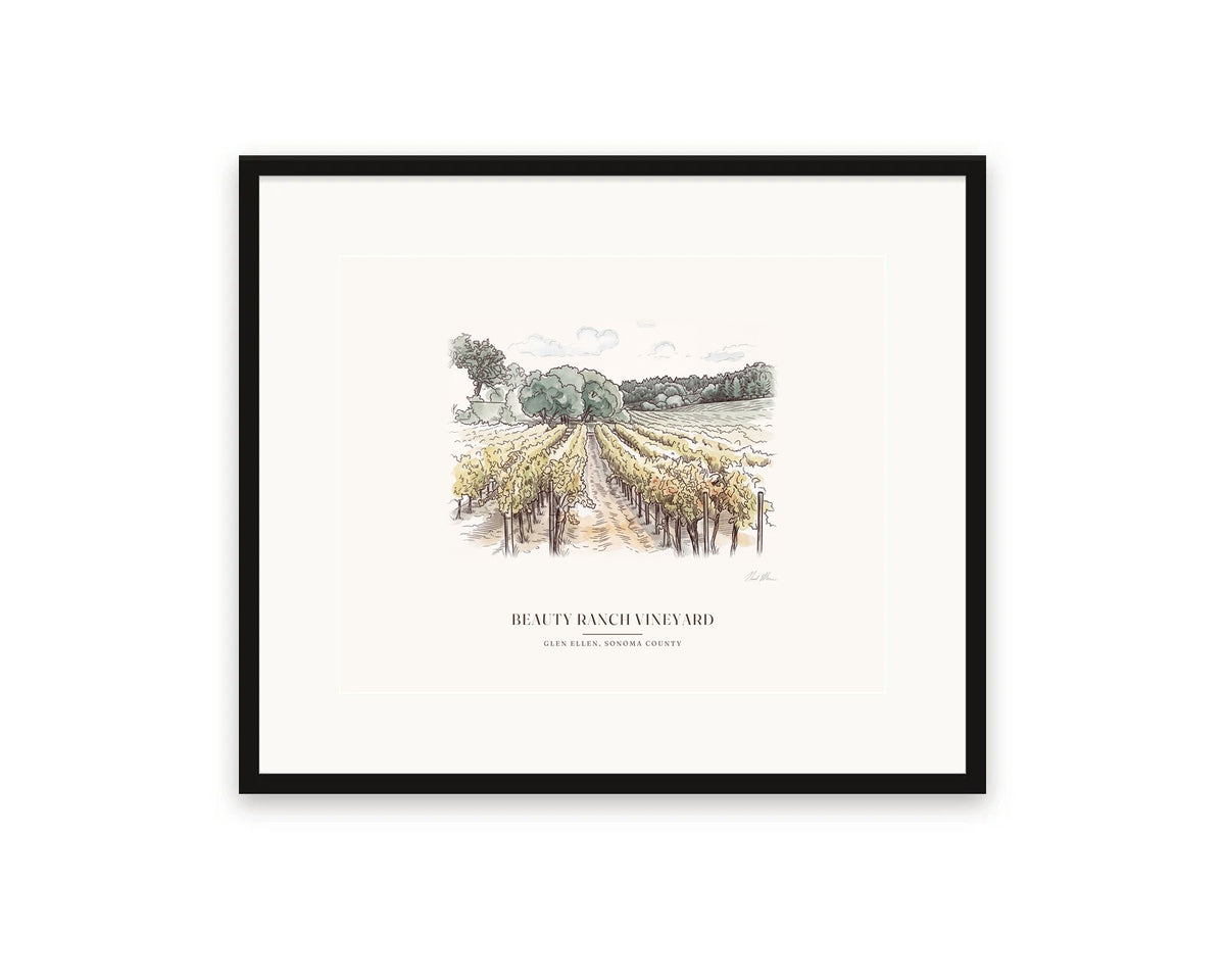 Beauty Ranch Vineyard watercolor print, 20 x 16 in, in a black frame with a wide white mat