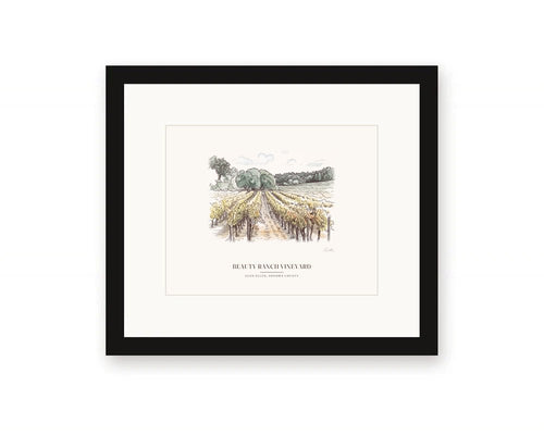 Framed watercolor print of the vineyard rows on Jack London's Beauty Ranch in Glen Ellen, with an open aisle between the vines, with a white mat in a black frame